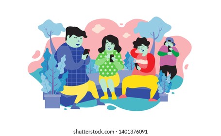 A Group of Peoples Addicted to use Mobile Phone in the Park, Vector Illustration In Isolated White Background, suitable for landing page, ui, web banners, mobile apps, print, news editorial, flyer