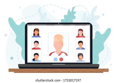 Group of peoples communicating on online video conference on the computer screen. Dialogs or conversations between colleagues or clerks. Flat cartoon colorful vector illustration. Working from home.