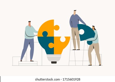 Group of peoples doing teamwork assembling giant jigsaw puzzle flat vector Illustration