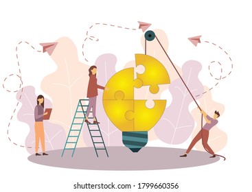 Group of peoples doing teamwork assembling giant jigsaw puzzle flat vector Illustration.