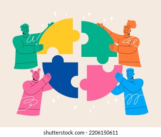 Group of peoples doing teamwork assembling giant jigsaw puzzle. Cooperation. Business concept. Colorful vector illustration
