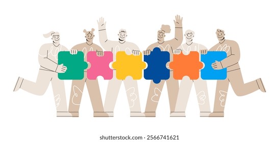 Group of peoples doing teamwork assembling giant jigsaw puzzle. Colorful vector illustration
