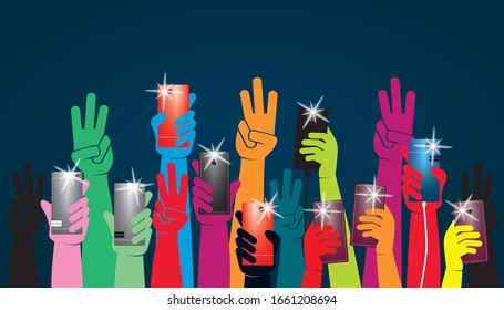 Group of people's hands holding phones rising them up and hand gesture three fingers signaling resistance flash mob vector illustration.