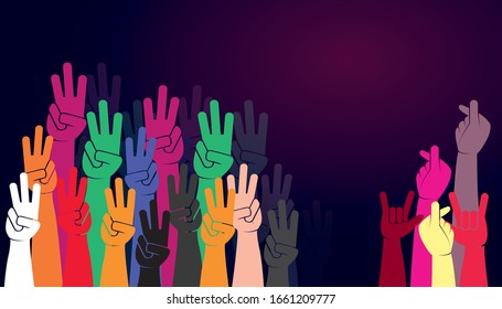 Group Of People's Hands Holding Phones Rising Them Up And Hand Gesture Three Fingers Signaling Resistance Flash Mob Vector Illustration.