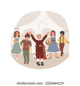 Group performance on stage isolated cartoon vector illustration. Children perform musical on stage, theatre play, group of kids sing and dance, drama school, wearing costume vector cartoon.
