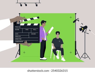 A group of performers in a lively studio setting engage in a practice session, surrounded by green screens, ensuring their movements and expressions are perfectly captured for future editing