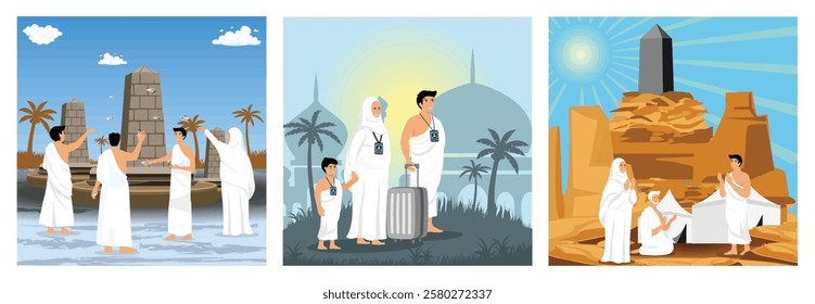 Group performing a traditional cultural or religious ritual. A family dressed in traditional Ihram clothing. Artistic representation of individuals praying near a tent near a holy monument. 