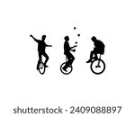 Group of Person Riding Unicycle silhouette isolated white background. Vector Illustration