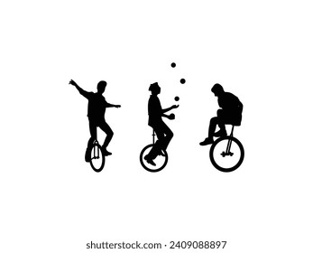 Group of Person Riding Unicycle silhouette isolated white background. Vector Illustration