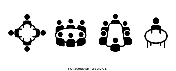 Grupo de personas sentadas alrededor del conjunto de iconos de mesa. Símbolo de reunión de negocios. Ilustración vectorial de trabajo en equipo y cooperación. Hombre sentado en el pictograma de la mesa. Signo de discusión de la conferencia. Oficinistas