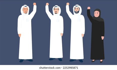 A group of personalities of Saudi men and women in the official Saudi dress