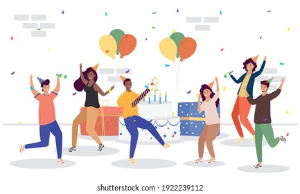 group of persons celebrating birthday with gifts and balloons helium vector illustration design