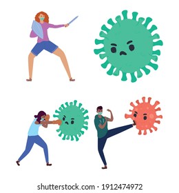 grupo de personas que luchan contra covid19 partículas personajes ilustración vectorial diseño
