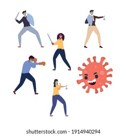 group of persons fighting vs covid19 particle character vector illustration design