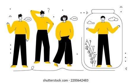 Group persons and introvert or sociopath. Antisocial persons in individual space, zone. He prefers to spend time alone. Vector illustration with strange person avoid communication with people.