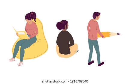 group of persons reading book and lifting pen vector illustration design