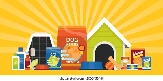 Group of Pet Food and Equipments, Product for Dog and Cat, Shiny Background