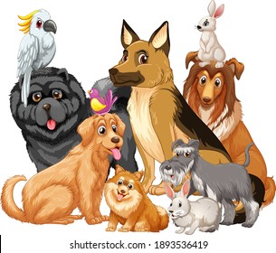 Group of pet on white background illustration