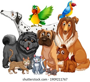 Grupo de mascotas en ilustración de fondo blanco