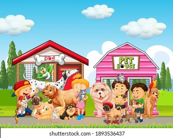 Group of pet with owner in the park scene illustration