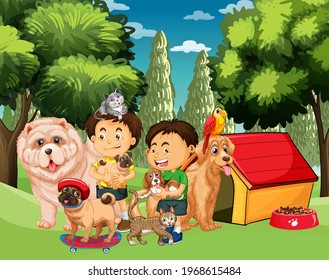 Group of pet with owner in the park scene illustration