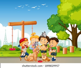 Group of pet with owner in playground scene illustration