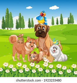 Group of pet in the park scene illustration