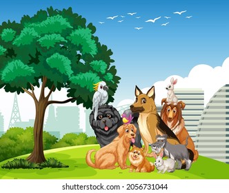 Group of pet in the park scene illustration