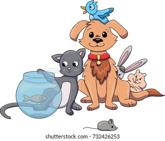 Group Of Pets From A Pet Shop Sitting Together. Cat, Dog, Fish, Hamster, Bunny, Mouse, Bird. Vector Illustration