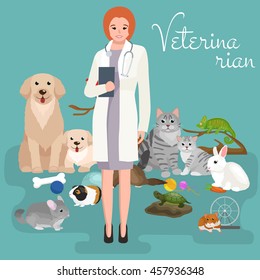 Group of pets and veterinary, doctor with animals patient