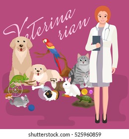 Group of pets and veterinary, doctor with animals patient