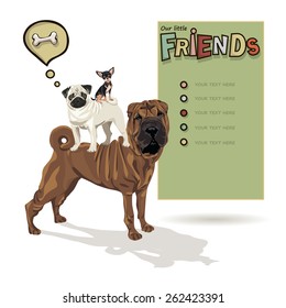 Group of pets.Three dogs next to each other on a white background. Cute illustration.