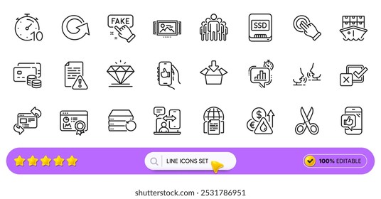 Ícones de Grupo, Sincronização de telefone e Obter linha de caixa para aplicativo Web. Pacote de ícones de pictograma de servidor de recuperação, temporizador e Ssd. Carrossel de imagem, documentos da Internet, sinais de caixa de seleção. Dinheiro, corte, gesto Touchscreen. Vetor