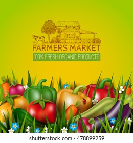 Group of photo realistic vector vegetables on the grass. Vegetarian healthy food. 3D effect. Vintage logo with farmers house and cow. Concept design card with natural eco product.