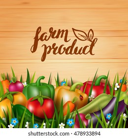Group of photo realistic vector vegetables on the grass. Vegetarian healthy food. 3D effect. Modern brush calligraphy. Lettering, handwritten inscription. Concept design card with natural eco product.