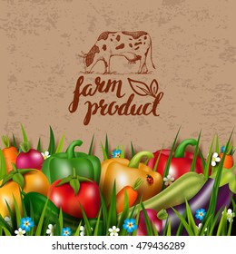 Group of photo realistic vector vegetables on the grass. Vegetarian healthy food. 3D effect. Modern brush calligraphy. Handwritten inscription. Concept design card with natural product and cow.