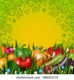 Group of photo realistic vector vegetables on the grass. Vegetarian healthy food. 3D effect. Floral round frame. Concept design card with natural eco product.