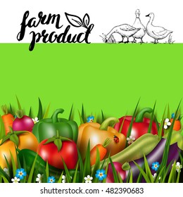 Group of photo realistic vector vegetables on the grass. Vegetarian healthy food. 3D effect. Modern brush calligraphy. Handwritten inscription. Concept design card with natural product and geese.