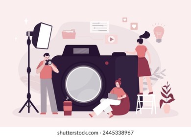 Group of photographer and designers near giant camera. Photo equipment. Characters with camera, idea and lightbox. Studio photography. Freelancers taking pictures, edit photo and doing post-production