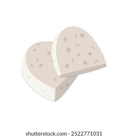 group of pieces of Feta cheese in a flat style, highlighted on a white background. A whole piece of pressed molded dairy product with sliced pieces. White Greek cottage cheese made from sheep's milk