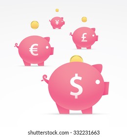 Group of piggy banks, with different currency symbols and golden coins.