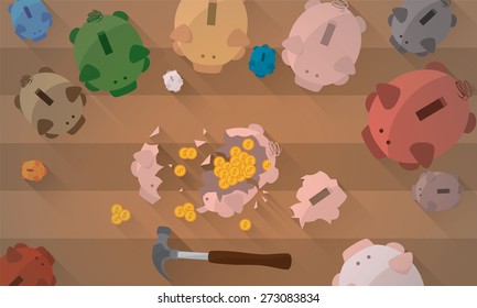A group of piggy banks looking one of them smashed with a hammer