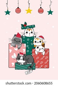 Group of pile Cute playful kitten cat seek and hide in Christmas gift boxes, cartoon hand drawn doodle flat vector