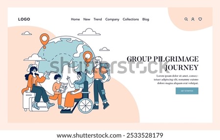 Group pilgrimage journey concept. Diverse travelers referenced on a global map, depicting the communal spiritual adventure. Vector illustration.