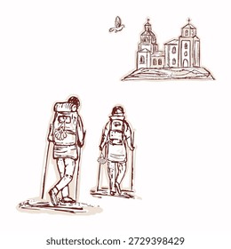 Group of pilgrims with backpacks walking toward church sanctuary on pilgrims way. Hand drawn contour isolated vector motif. For christian pilgrimage, st francis, camino, compostela and st james way