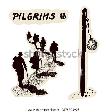 Group of pilgrims way with shell walking stick and backpack motif set. For Canterbury religious sacred trail or Camino pilgrimage. Simple sketched jubilee faith based sanctuary illustration logo