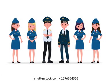 Group of pilots and flight attendants, air hostess. Flat design people characters.