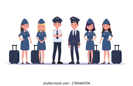 Group of pilots and flight attendants, air hostess. Flat design people characters.