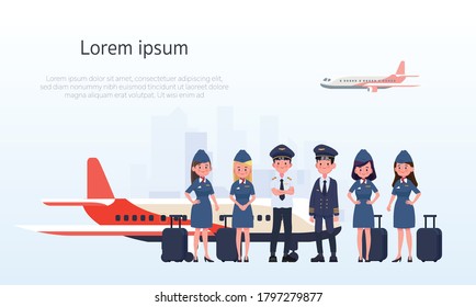 Group of pilots and flight attendants, air hostess. Flat design people characters.