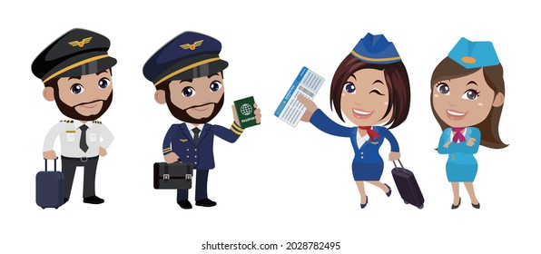 Group of pilots and flight attendants, air hostess